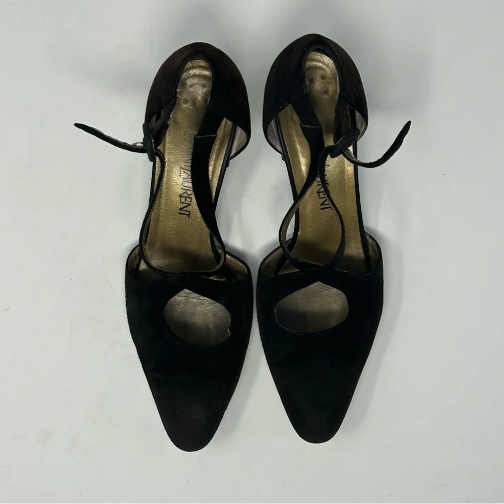 Yves Saint Laurent Suede Brown Strap‎ Pumps Size 7.5N Vintage Designer Shoes